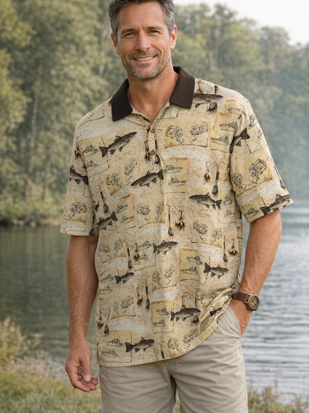 Vintage Fishing Print Polo Shirt Fish Lure Boat Beige L